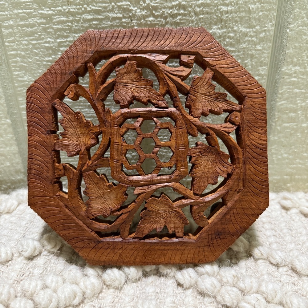 Vintage Wooden Hand Carved Trivet Made in India